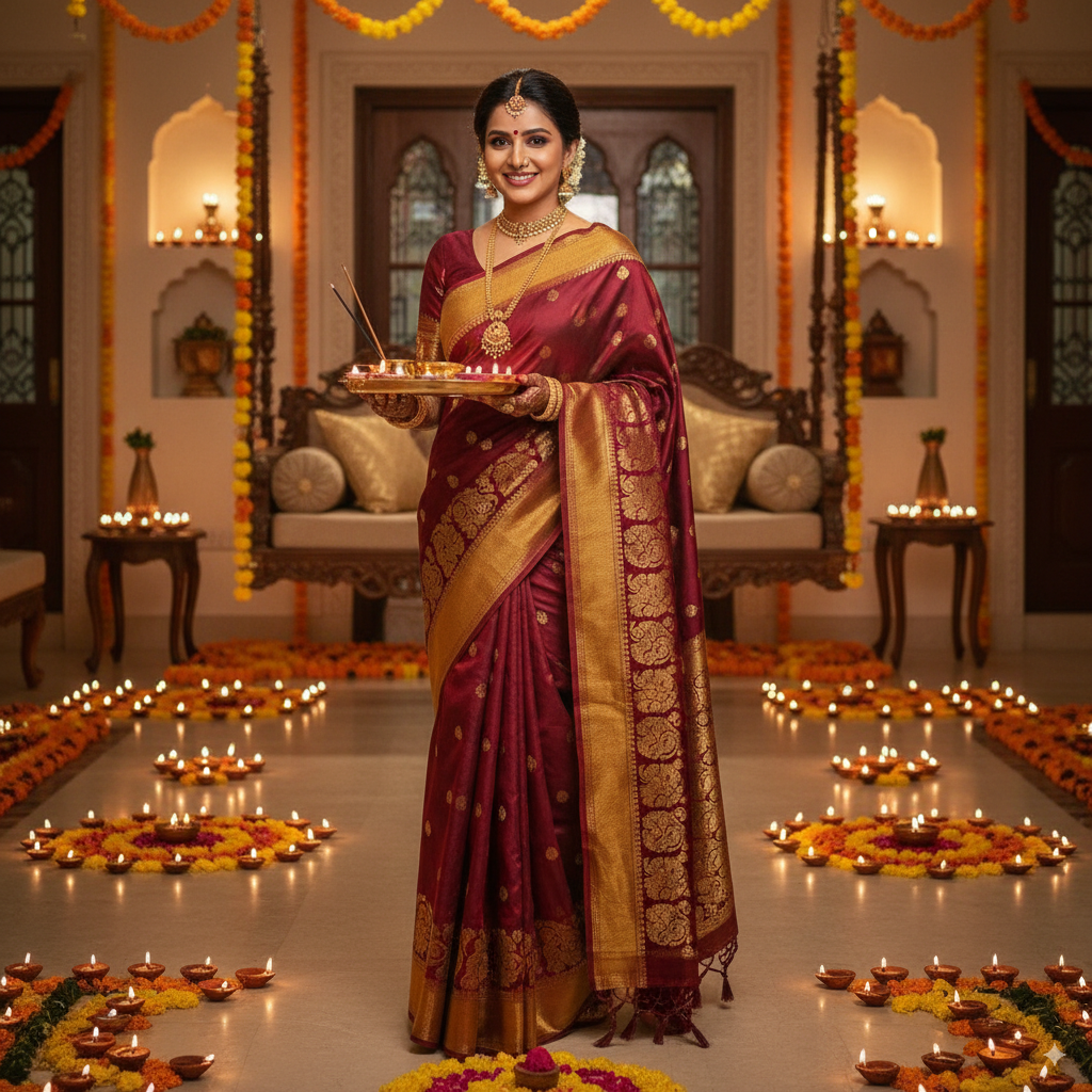 Nano Banana Saree wedding edition, woven with golden banana silk and nanotech embroidery, bride standing inside a grand palace with chandeliers, royal luxury atmosphere, ultra-detailed 8K photography.